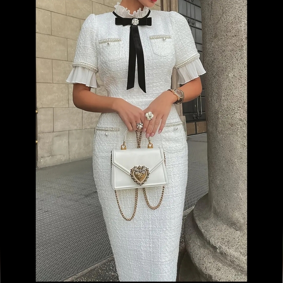 Dresses & Skirts - Midi dress with elegant pleats, mother of pearl trim and velvet ribbon design.